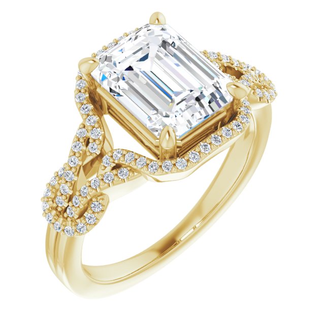 10K Yellow Gold Customizable Emerald/Radiant Cut Design with Intricate Over-Under-Around Pavé Accented Band