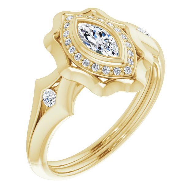 10K Yellow Gold Customizable Bezel-set Marquise Cut with Halo & Oversized Floral Design