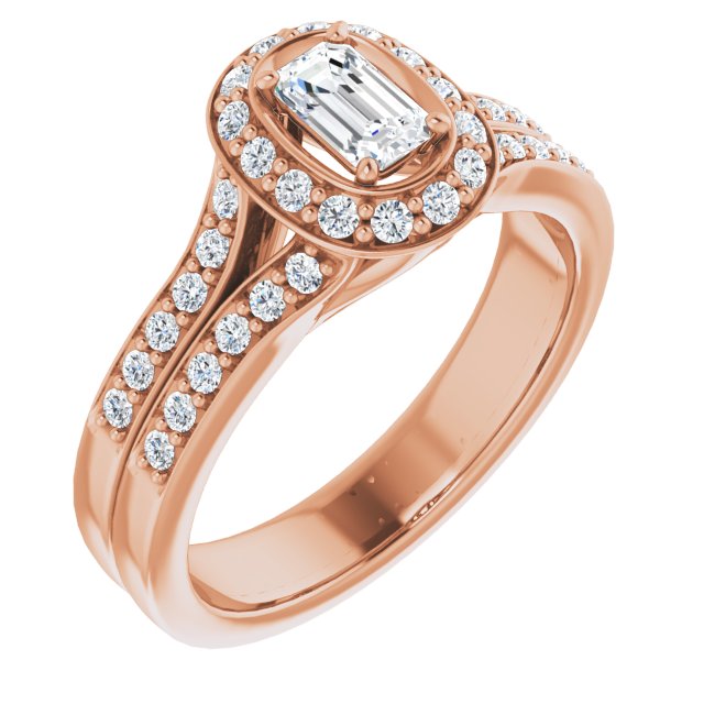 10K Rose Gold Customizable Emerald/Radiant Cut Halo Style with Accented Split-Band