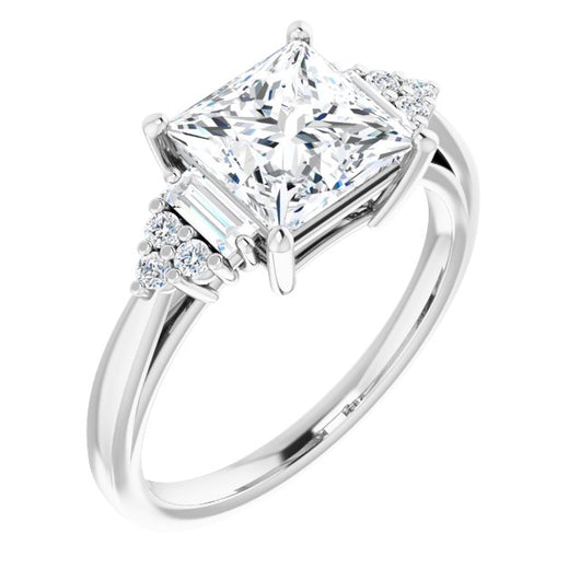 10K White Gold Customizable 9-stone Design with Princess/Square Cut Center, Side Baguettes and Tri-Cluster Round Accents