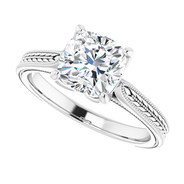 Cubic Zirconia Engagement Ring- The Dulcia (Customizable Cushion Cut Solitaire with Wheat-inspired Band)