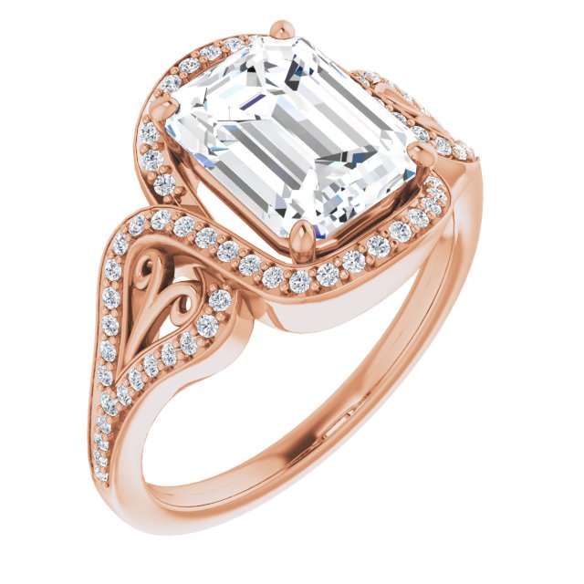 10K Rose Gold Customizable Emerald/Radiant Cut Design with Bypass Halo and Split-Shared Prong Band