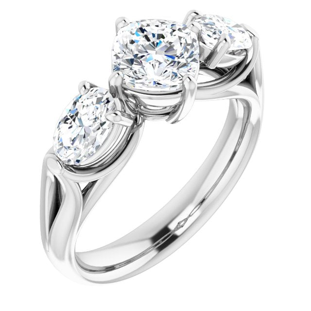 10K White Gold Customizable Cathedral-set 3-stone Cushion Cut Style with Dual Oval Cut Accents & Wide Split Band