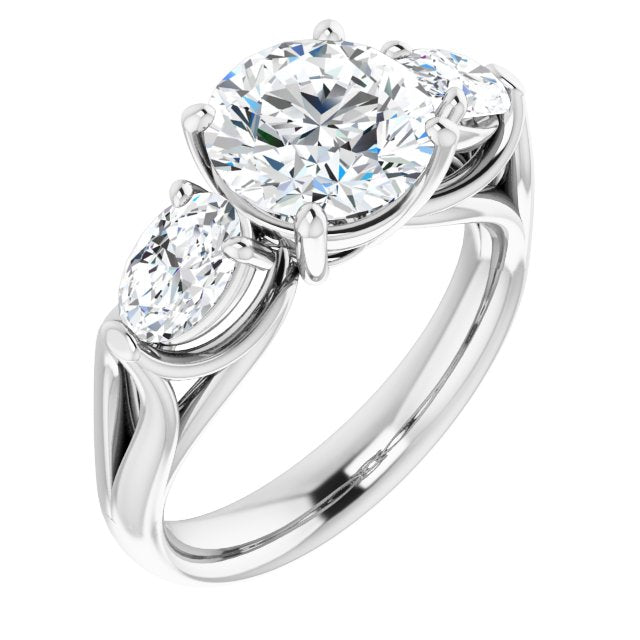 14K White Gold Customizable Cathedral-set 3-stone Round Cut Style with Dual Oval Cut Accents & Wide Split Band