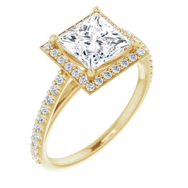 10K Yellow Gold Customizable Princess/Square Cut Design with Halo and Thin Pavé Band