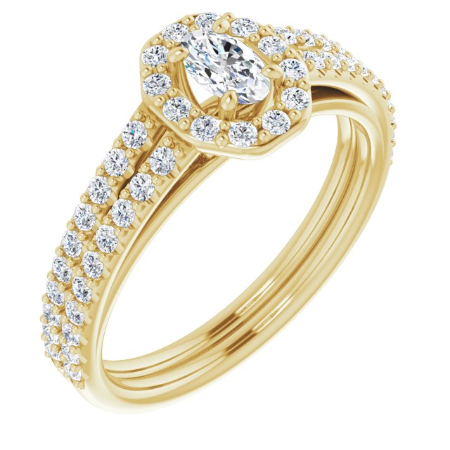 10K Yellow Gold Customizable Cathedral Oval Cut Design with Geometric Halo & Split Pavé Band