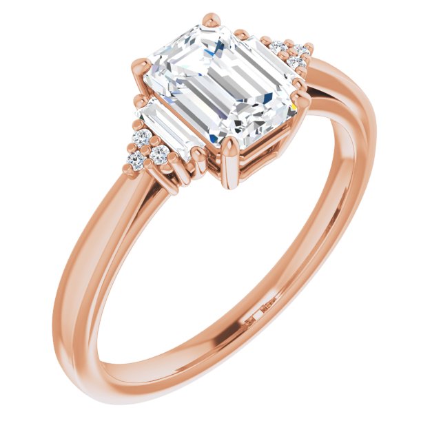 10K Rose Gold Customizable 9-stone Design with Emerald/Radiant Cut Center, Side Baguettes and Tri-Cluster Round Accents