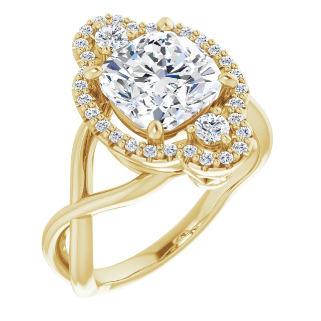 10K Yellow Gold Customizable Vertical 3-stone Cushion Cut Design Enhanced with Multi-Halo Accents and Twisted Band