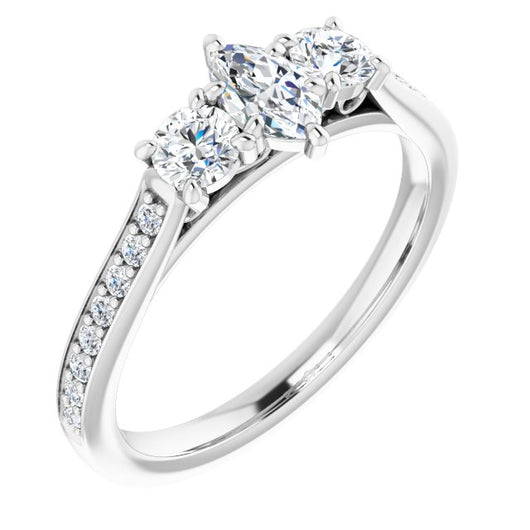 10K White Gold Customizable Marquise Cut Cathedral Setting with Filigree Design and Shared Prong Band