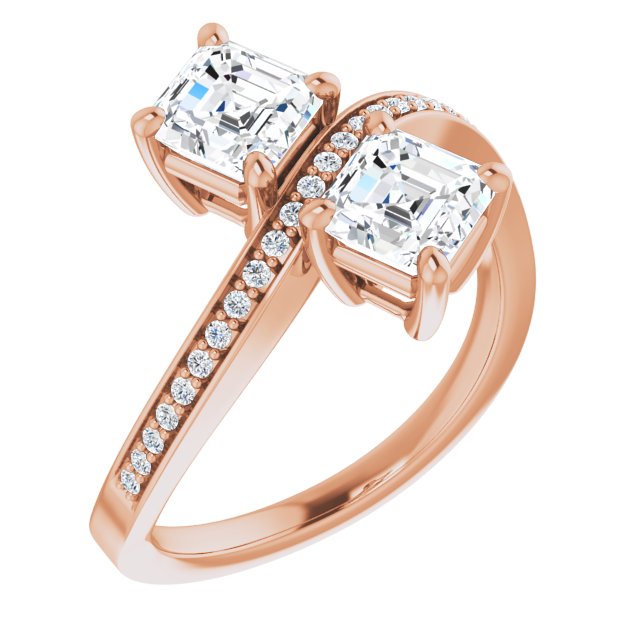 10K Rose Gold Customizable 2-stone Asscher Cut Bypass Design with Thin Twisting Shared Prong Band