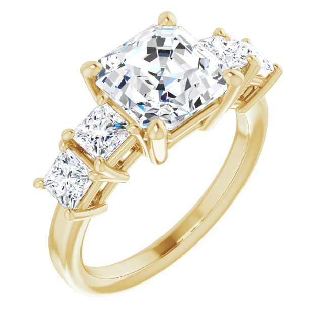 10K Yellow Gold Customizable 5-stone Asscher Cut Style with Quad Princess-Cut Accents