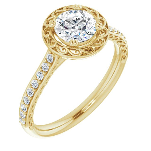 10K Yellow Gold Customizable Round Cut Halo Design with Filigree and Accented Band