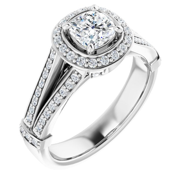 10K White Gold Customizable Cushion Cut Setting with Halo, Under-Halo Trellis Accents and Accented Split Band