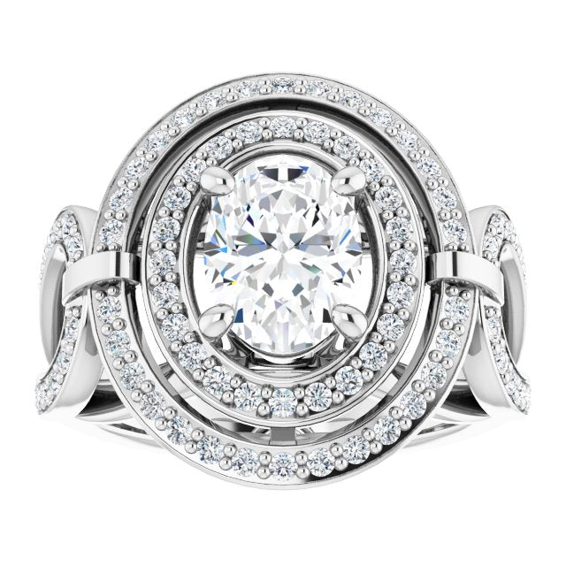 Cubic Zirconia Engagement Ring- The Daksha (Customizable Cathedral-set Oval Cut Design with Double Halo & Accented Ultra-wide Horseshoe-inspired Split Band)