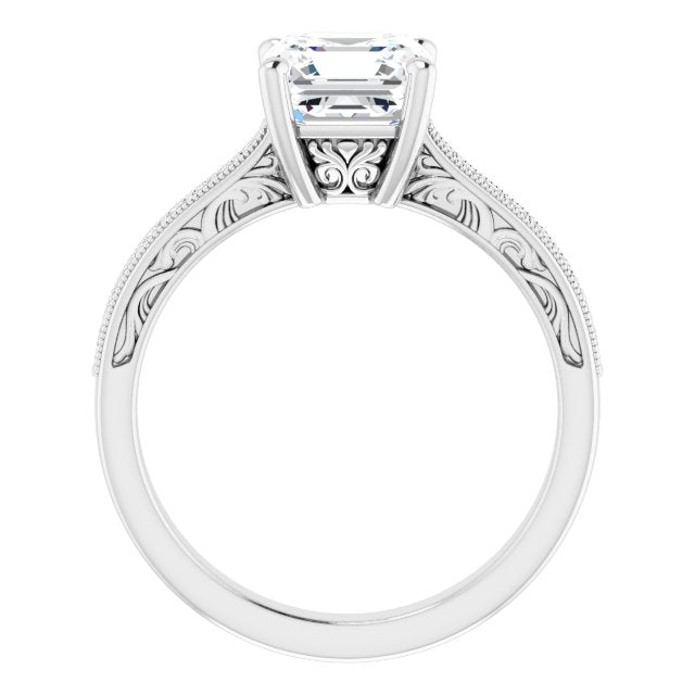 Cubic Zirconia Engagement Ring- The Lina (Customizable Asscher Cut Design with Round Band Accents and Three-sided Filigree Engraving)