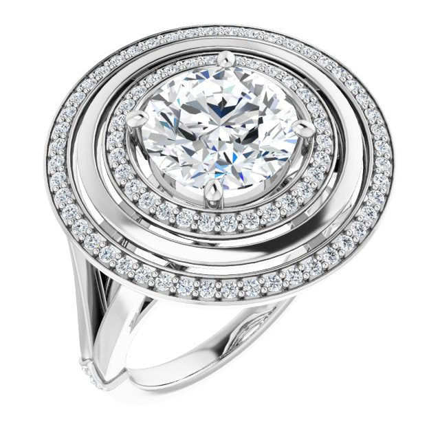 10K White Gold Customizable Round Cut Oversized 2x Halo Style with Knuckle Accented Split Band
