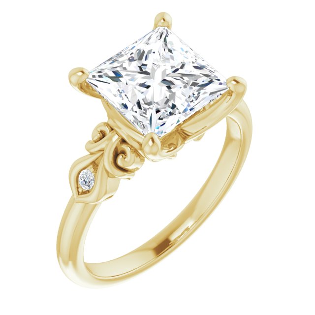 10K Yellow Gold Customizable 3-stone Princess/Square Cut Design with Small Round Accents and Filigree