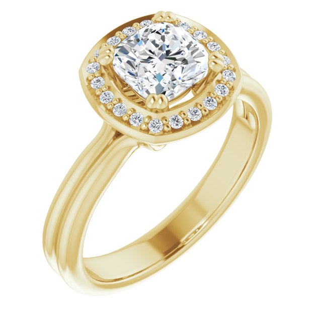 10K Yellow Gold Customizable Cushion Cut Style with Scooped Halo and Grooved Band