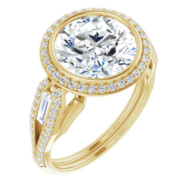 10K Yellow Gold Customizable Cathedral-Bezel Round Cut Design with Halo, Split-Pavé Band & Channel Baguettes