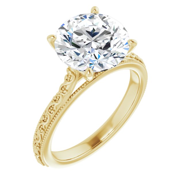 10K Yellow Gold Customizable Round Cut Solitaire with Delicate Milgrain Filigree Band