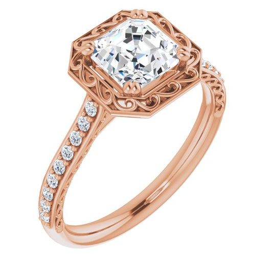 10K Rose Gold Customizable Asscher Cut Halo Design with Filigree and Accented Band