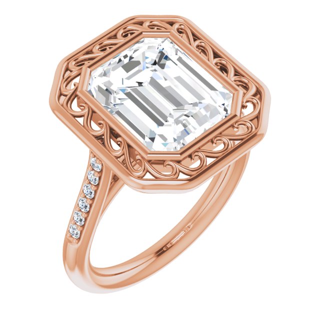 10K Rose Gold Customizable Cathedral-Bezel Emerald/Radiant Cut Design with Floral Filigree and Thin Shared Prong Band
