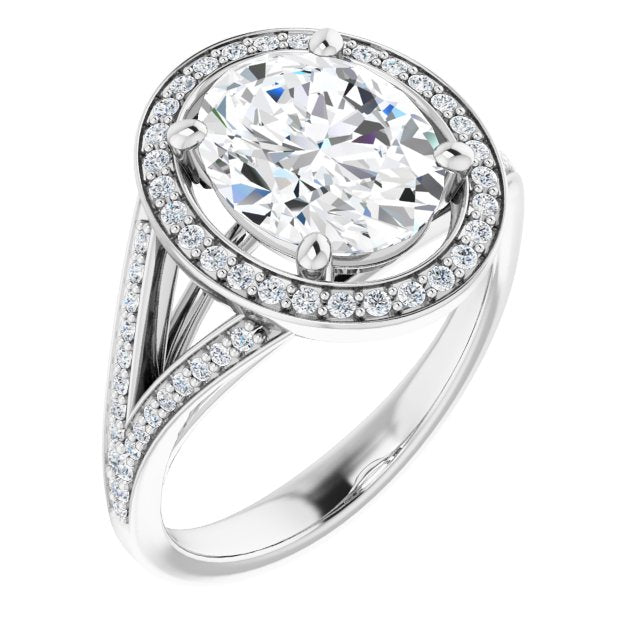10K White Gold Customizable Cathedral-Halo Oval Cut Style featuring Split-Shared Prong Band