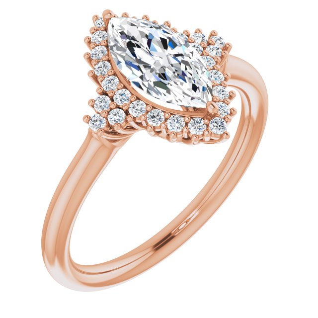 10K Rose Gold Customizable Marquise Cut Cathedral-Halo Design with Tri-Cluster Round Accents