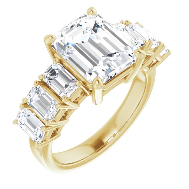 10K Yellow Gold Customizable 7-stone Emerald/Radiant Cut Design with Large Round-Prong Side Stones