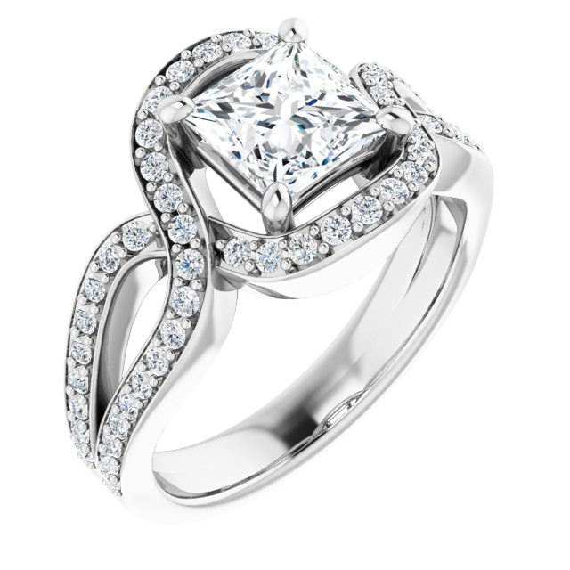 10K White Gold Customizable Princess/Square Cut Center with Infinity-inspired Split Shared Prong Band and Bypass Halo