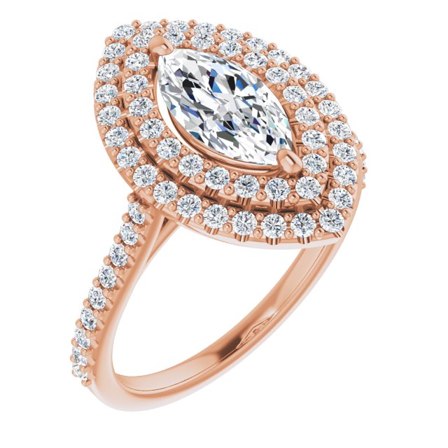 10K Rose Gold Customizable Double-Halo Marquise Cut Design with Accented Split Band