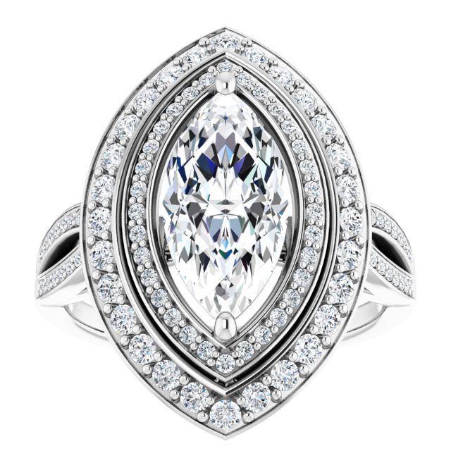 Cubic Zirconia Engagement Ring- The Henrika (Customizable Cathedral-style Marquise Cut Design with Double Halo & Split-Pavé Band)