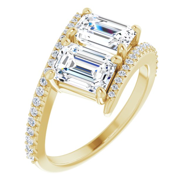 10K Yellow Gold Customizable Double Emerald/Radiant Cut 2-stone Design with Ultra-thin Bypass Band and Pavé Enhancement