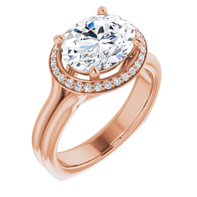 10K Rose Gold Customizable Oval Cut Style with Halo, Wide Split Band and Euro Shank