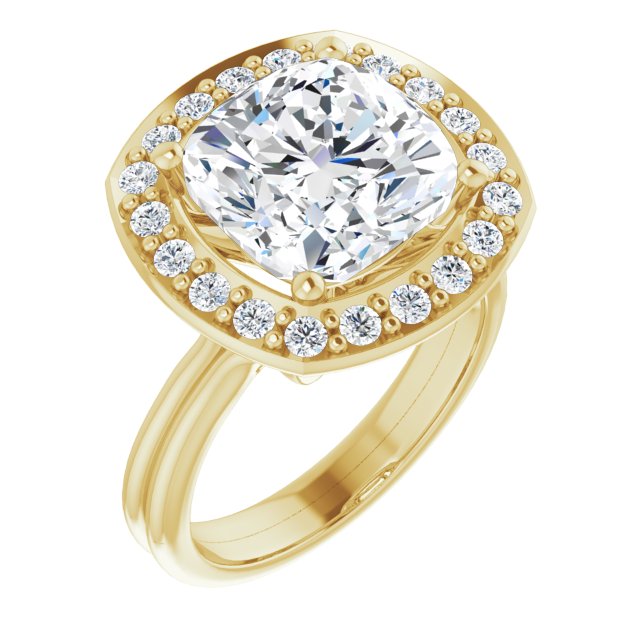 10K Yellow Gold Customizable Cluster-Halo Accented Cushion Cut Style with Tapered Dual Band
