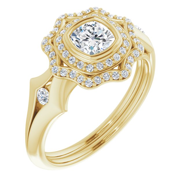 10K Yellow Gold Customizable Cathedral-bezel Cushion Cut Design with Floral Double Halo and Channel-Accented Split Band