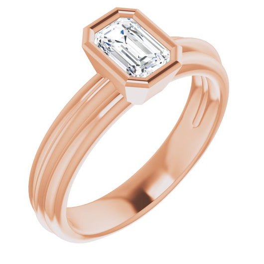 10K Rose Gold Customizable Bezel-set Emerald/Radiant Cut Solitaire with Grooved Band