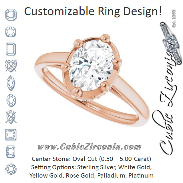 Cubic Zirconia Engagement Ring- The Romina Salomé (Customizable Super-Cathedral Oval Cut Design with Hidden-stone Under-halo Trellis)
