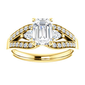 Cubic Zirconia Engagement Ring- The Karen (Customizable Enhanced 3-stone Design with Emerald Cut Center, Dual Trillion Accents and Wide Pavé-Split Band)