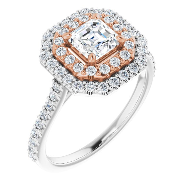 14K White & Rose Gold Customizable Double-Halo Asscher Cut Design with Accented Split Band