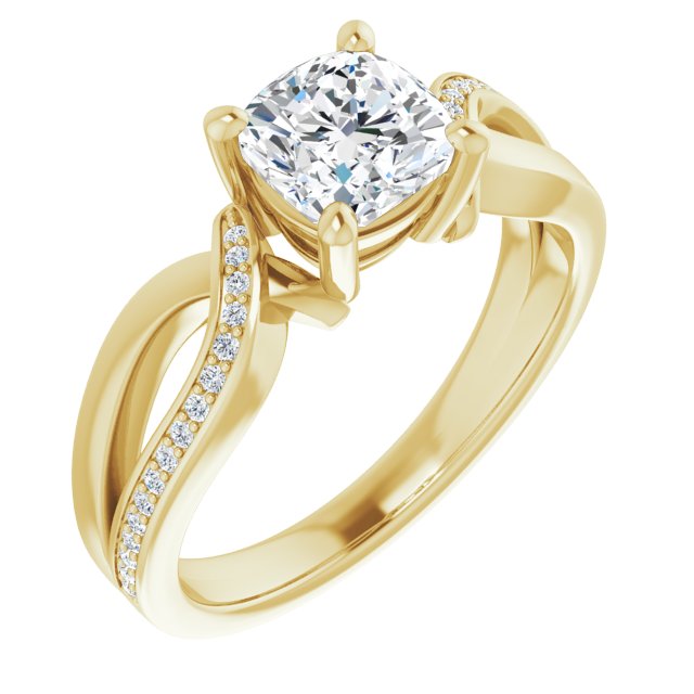 18K Yellow Gold Customizable Cushion Cut Center with Curving Split-Band featuring One Shared Prong Leg