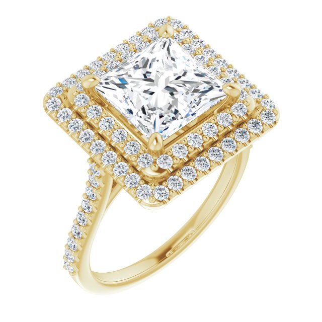 10K Yellow Gold Customizable Double-Halo Princess/Square Cut Design with Accented Split Band