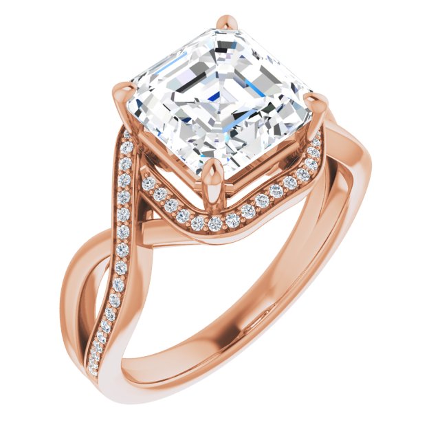 10K Rose Gold Customizable Bypass-Halo-Accented Asscher Cut Center with Twisting Split Shared Prong Band
