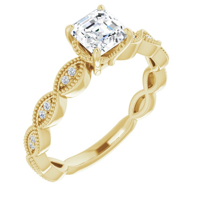 10K Yellow Gold Customizable Asscher Cut Artisan Design with Scalloped, Round-Accented Band and Milgrain Detail