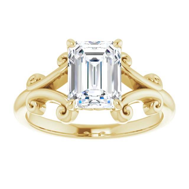 Cubic Zirconia Engagement Ring- The Paisley (Customizable Emerald Cut Solitaire with Band Flourish and Decorative Trellis)