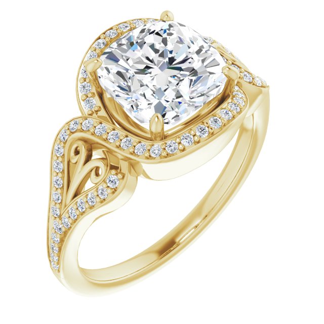 10K Yellow Gold Customizable Cushion Cut Design with Bypass Halo and Split-Shared Prong Band