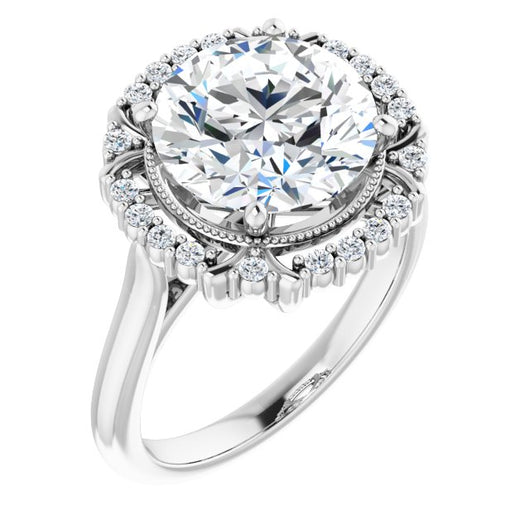 10K White Gold Customizable Round Cut Design with Majestic Crown Halo and Raised Illusion Setting