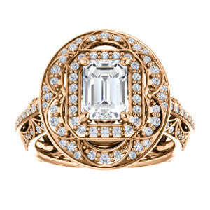 Cubic Zirconia Engagement Ring- The Violet (Customizable Emerald Cut 2x Halo Blossom Setting with Intricate Triple-Row Pavé Split Band)