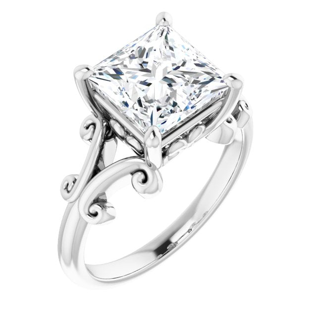 10K White Gold Customizable Princess/Square Cut Solitaire with Band Flourish and Decorative Trellis