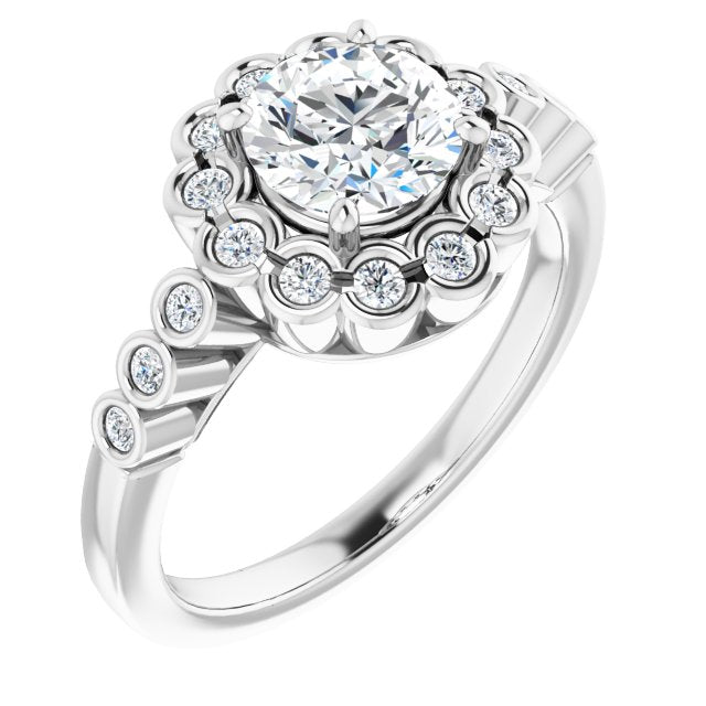 18K White Gold Customizable Round Cut Design with Round-bezel Halo and Band Accents